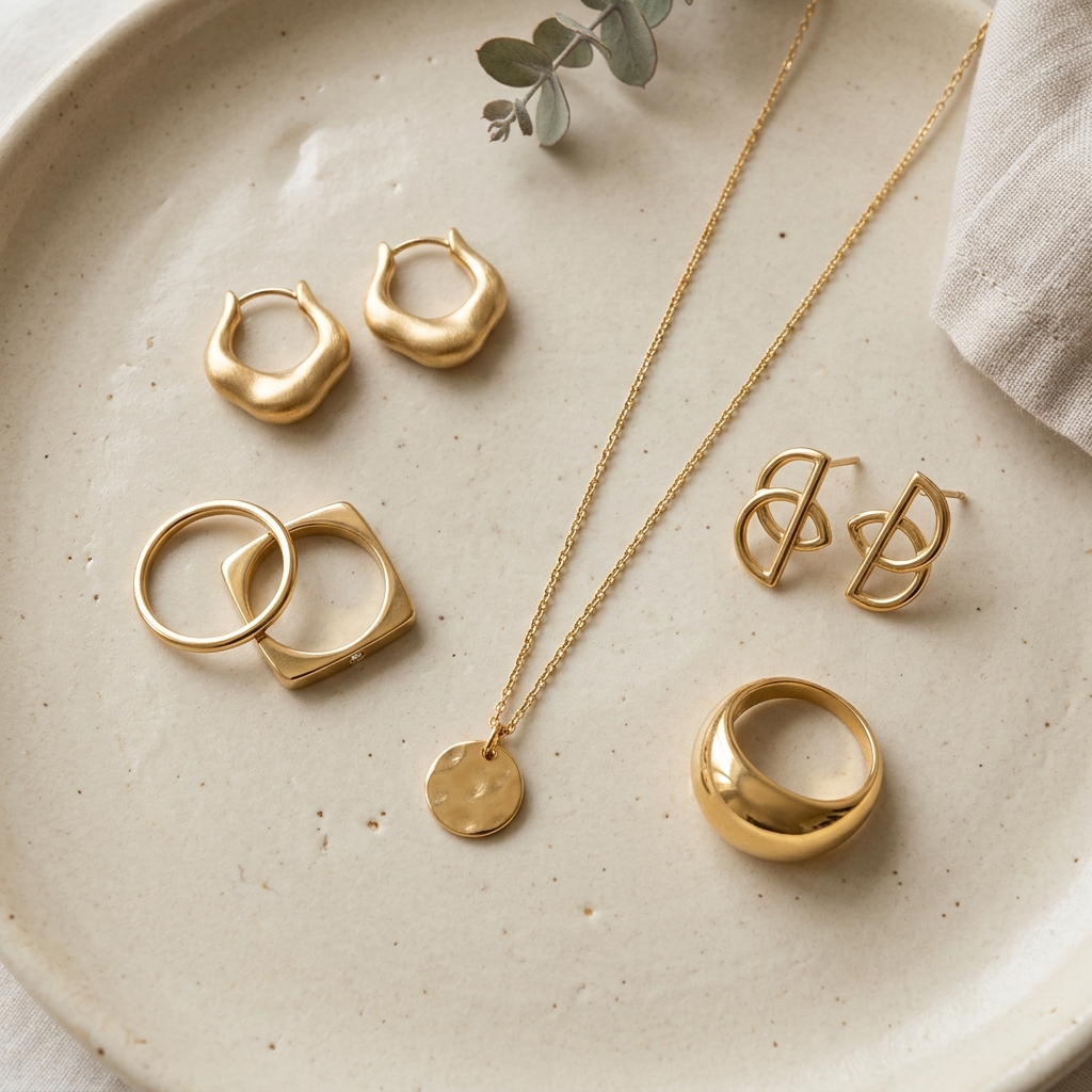 Minimal jewellery flat lay with earrings, rings, and chains
