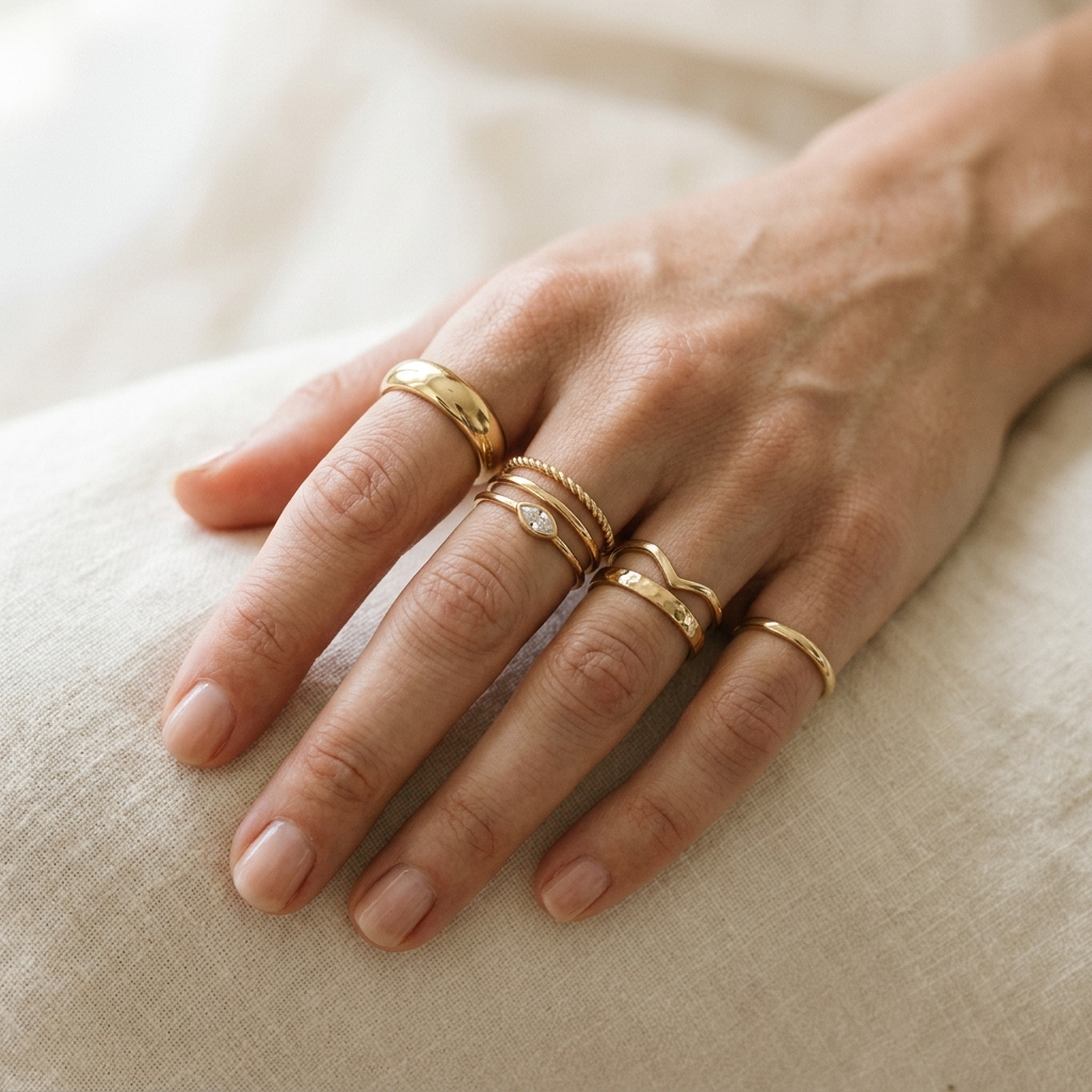 Minimal gold-tone stacking rings