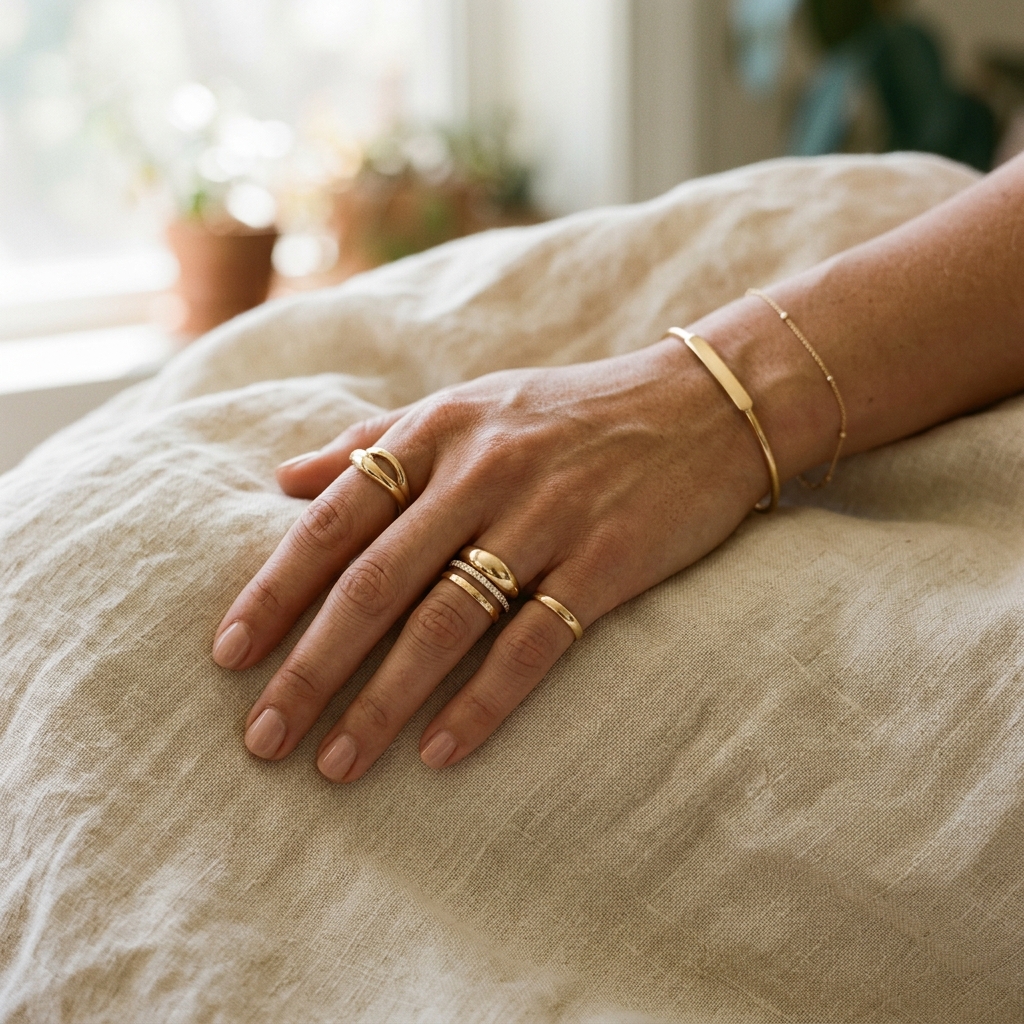 Woman's hand wearing modern gold-tone stacking rings
